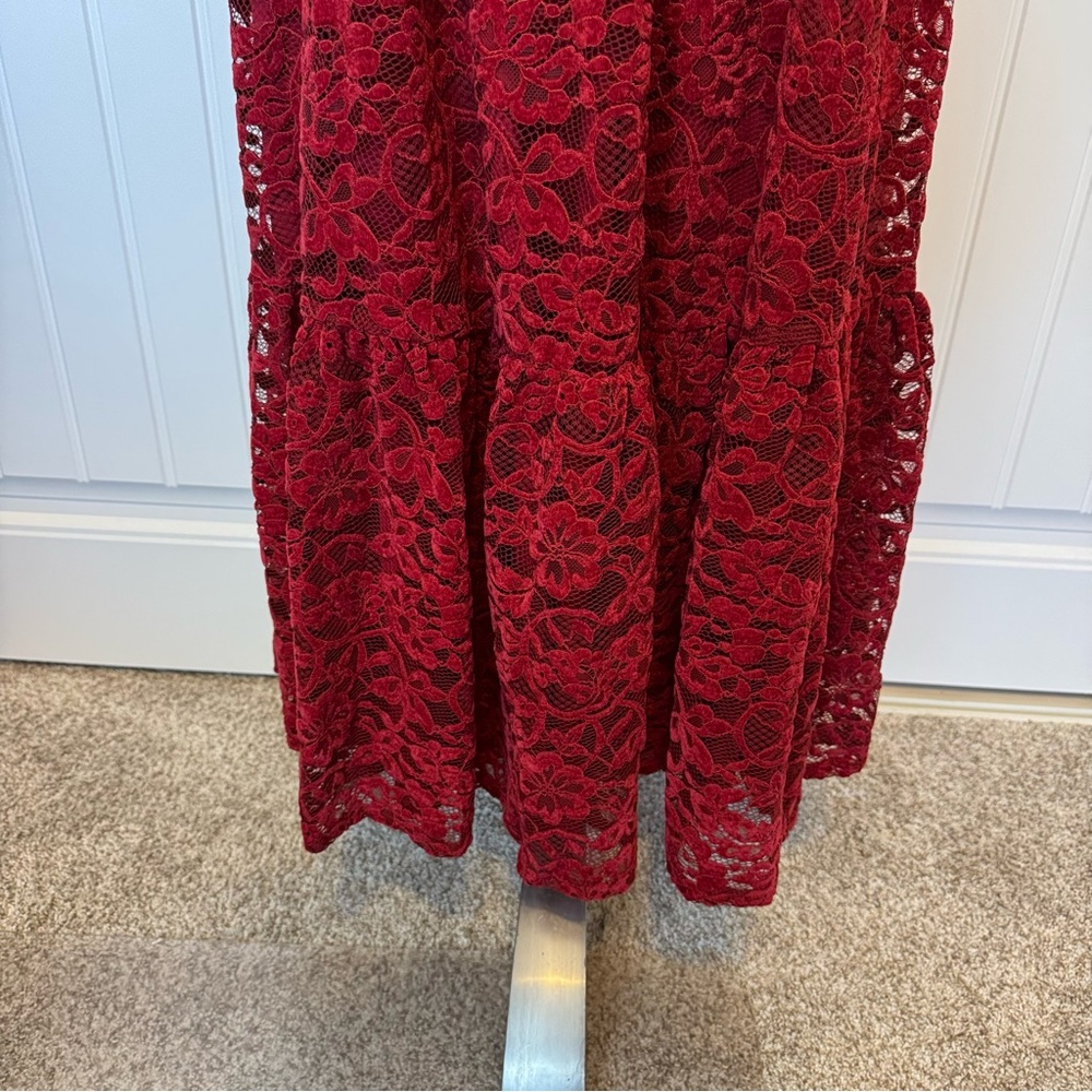 Vici Sway Together Tiered Wine Lace Midi Dress - Picture 4 of 7